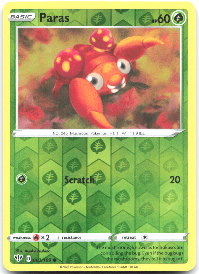 Paras Reverse Holo Common SWSH03 Darkness Ablaze 003/189 NM Atsuko Nishida