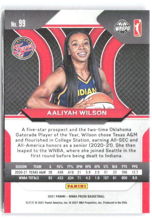 Aaliyah Wilson Panini Prizm WNBA 99 2021 Indiana Fever RC