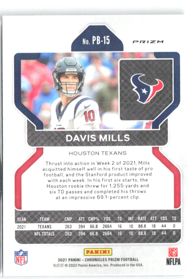 Davis Mills Panini Chronicles - Prizm Black Silver PB-15 2021 Houston Texans