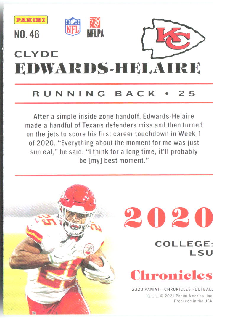 Clyde Edwards-Helaire Panini Chronicles 46 2020 Kansas City Chiefs RC