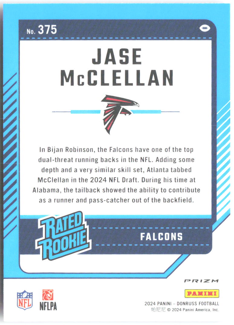 Jase McClellan Donruss Optic Rated Rookies Preview Pink 375 2024 Atlanta Falcons