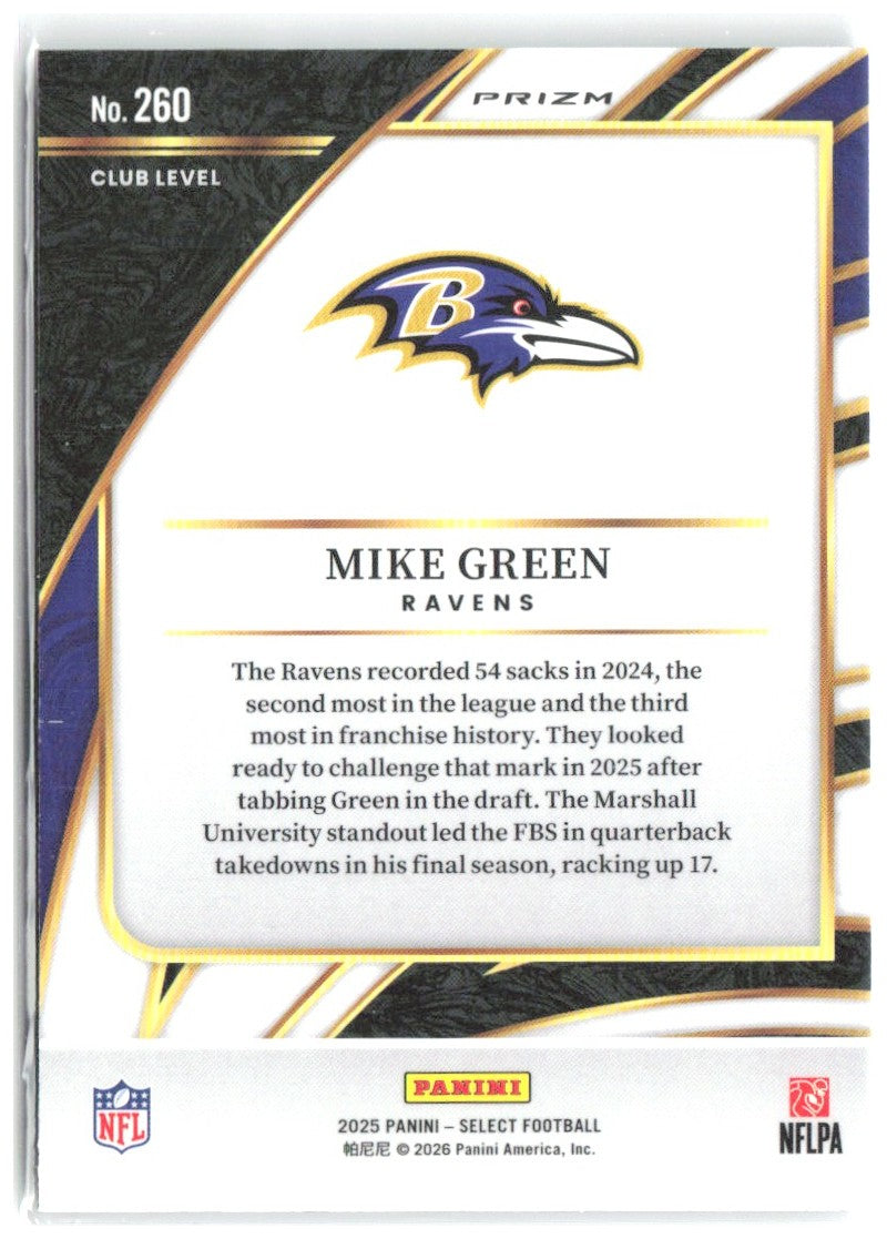 Mike Green Panini Select - Black and Green Prizm Shock 260 2025 Baltimore Ravens