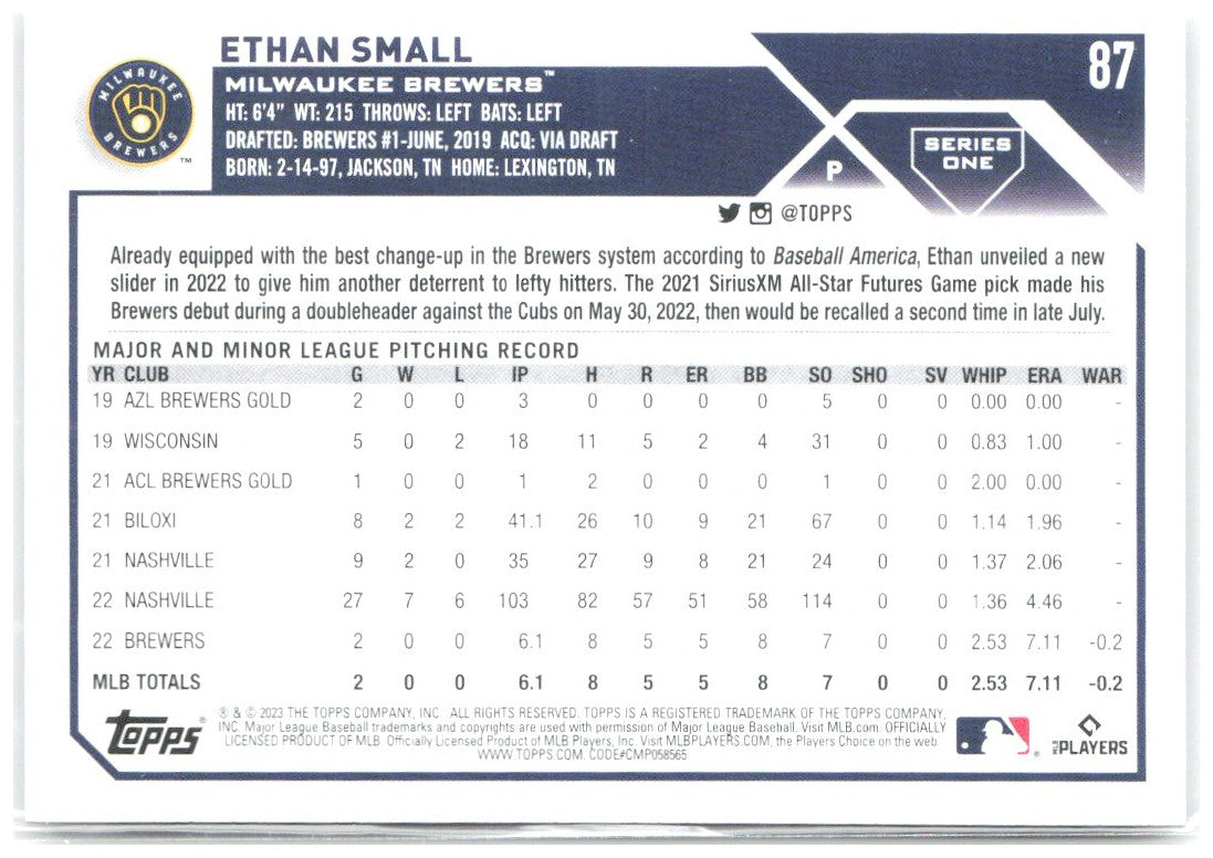 Ethan Small Topps 87 2023 Milwaukee Brewers RC