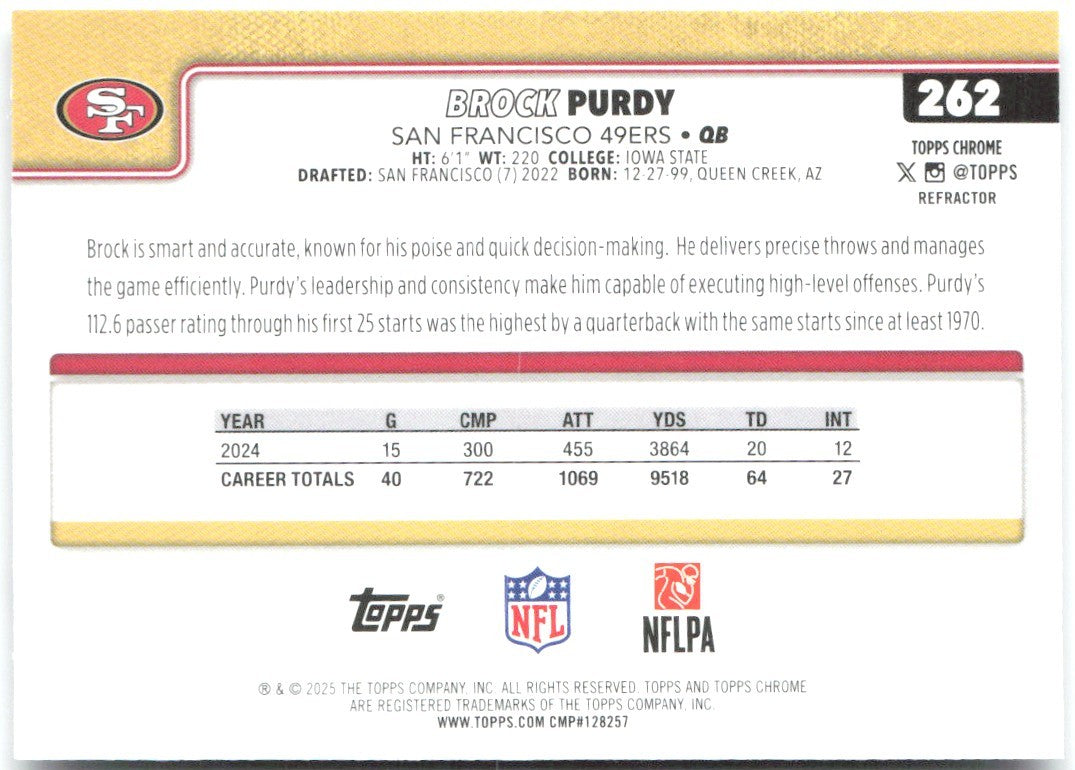 Brock Purdy Topps Chrome - Refractor 262 2025 San Francisco 49ers