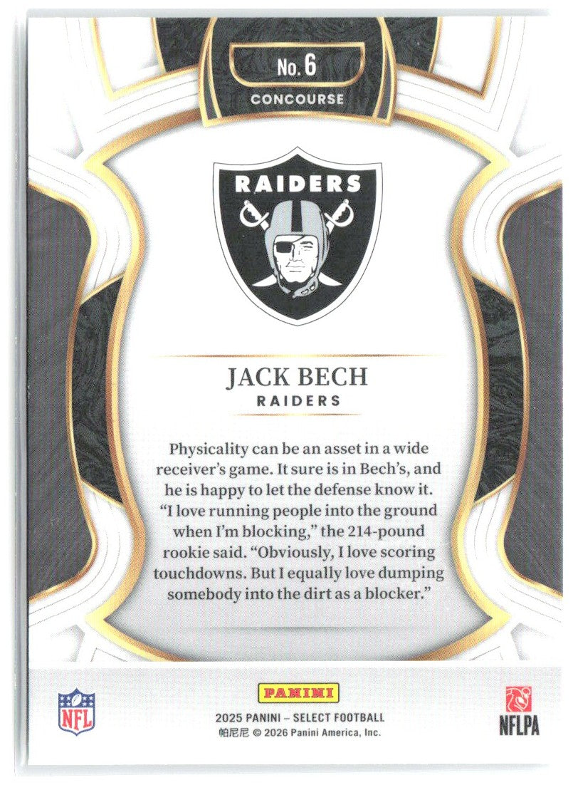 Jack Bech Panini Select 6 2025 Las Vegas Raiders RC