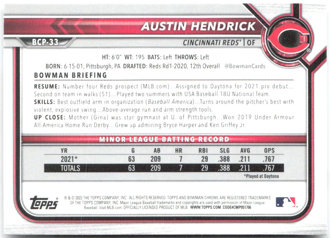 Austin Hendrick Bowman - Chrome Prospects BCP-33 2022 Cincinnati Reds