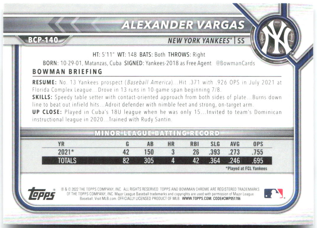 Alexander Vargas Bowman - Chrome Prospects BCP-140 2022 New York Yankees