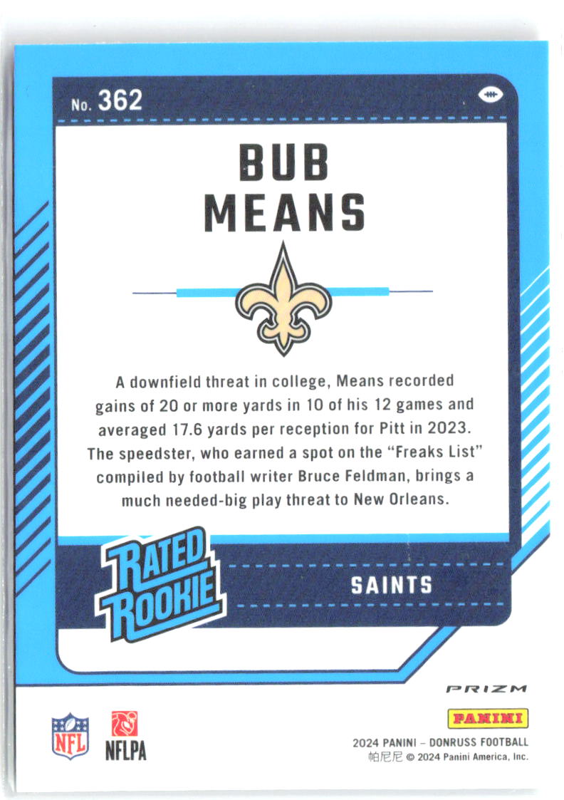 Bub Means Donruss Optic Rated Rookies Red and Green 362 2024 New Orleans Saints