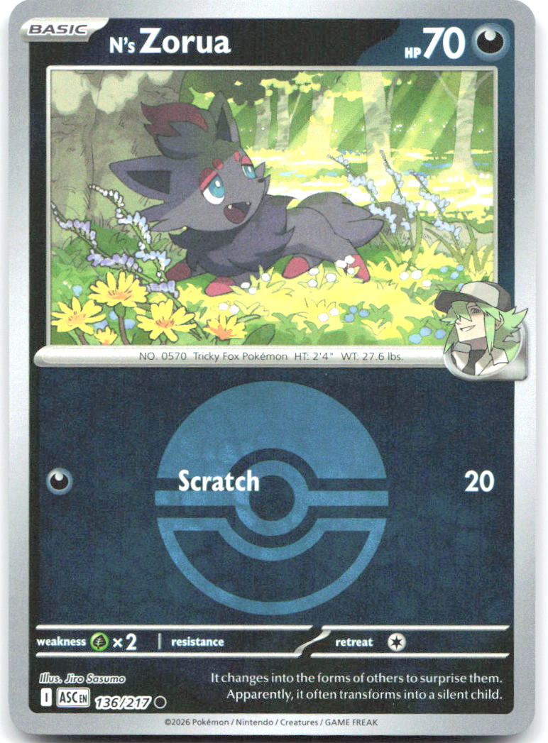 N's Zorua Poke Ball Reverse Holo ME Ascended Heroes 136/217 NM Jiro Sasumo