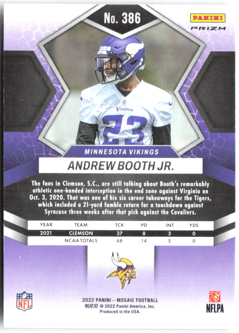 Andrew Booth Jr. Panini Mosaic Mosaic Reactive Orange 386 2022 Minnesota Vikings