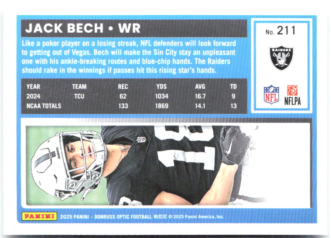 Jack Bech Donruss Optic 211 2025 Las Vegas Raiders RC
