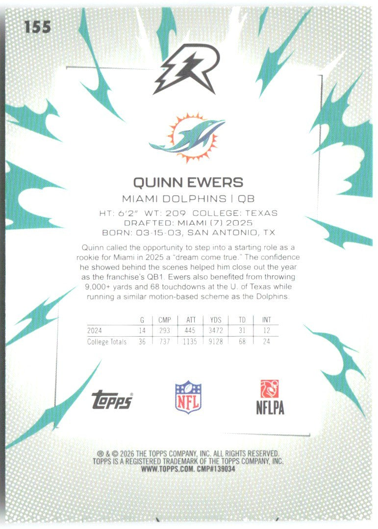 Quinn Ewers Topps Resurgence 155 2025 Miami Dolphins RC