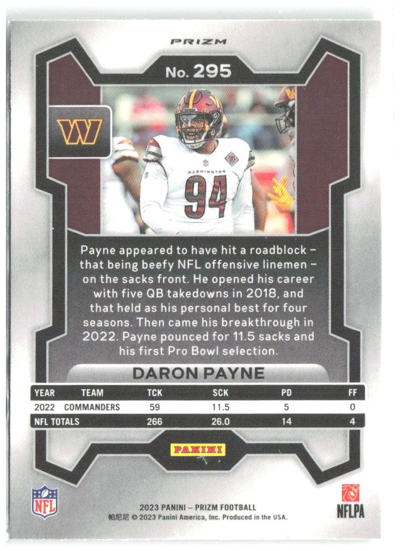 Daron Payne Panini Prizm - Neon Green Pulsar 295 2023 Washington Commanders