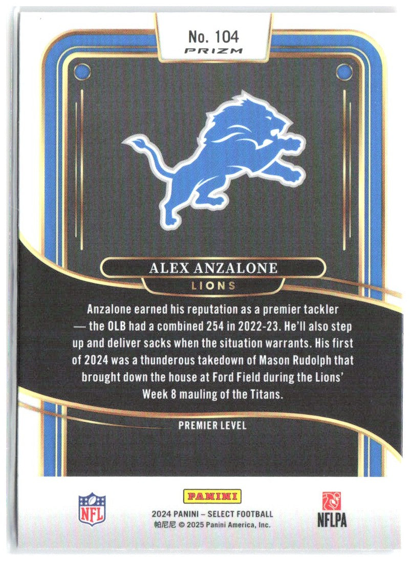 Alex Anzalone Panini Select - Red & Blue Prizm Shock 104 2024 Detroit Lions