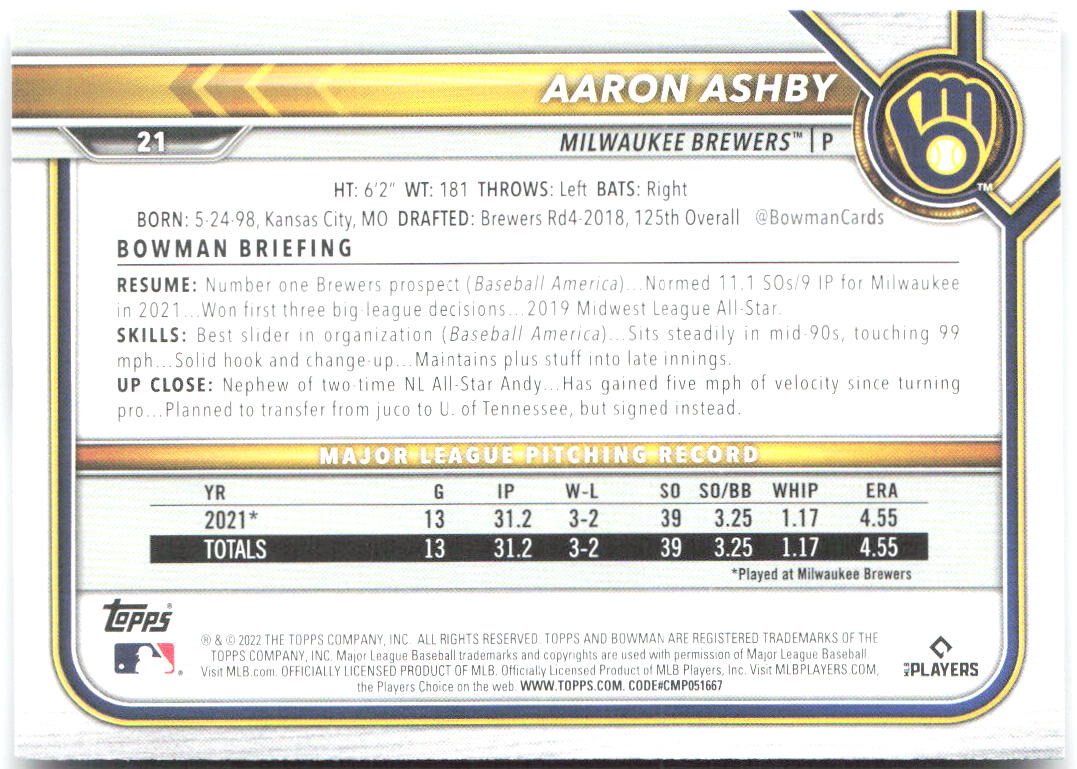 Aaron Ashby Bowman 21 2022 Milwaukee Brewers RC