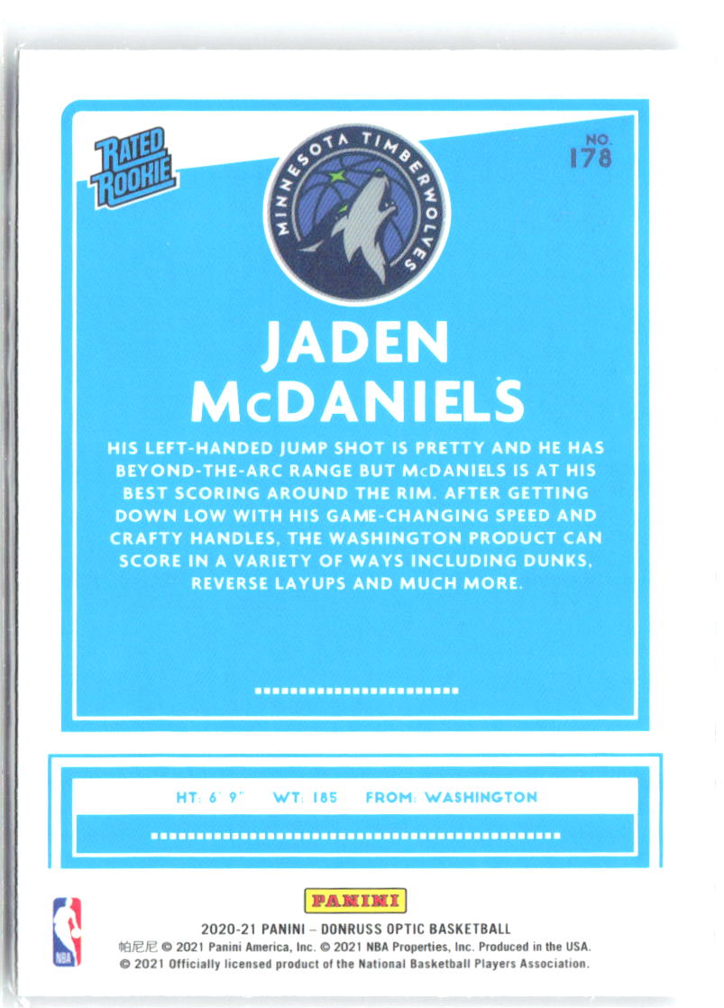 Jaden McDaniels Donruss Optic 178 2020-21 Minnesota Timberwolves RC