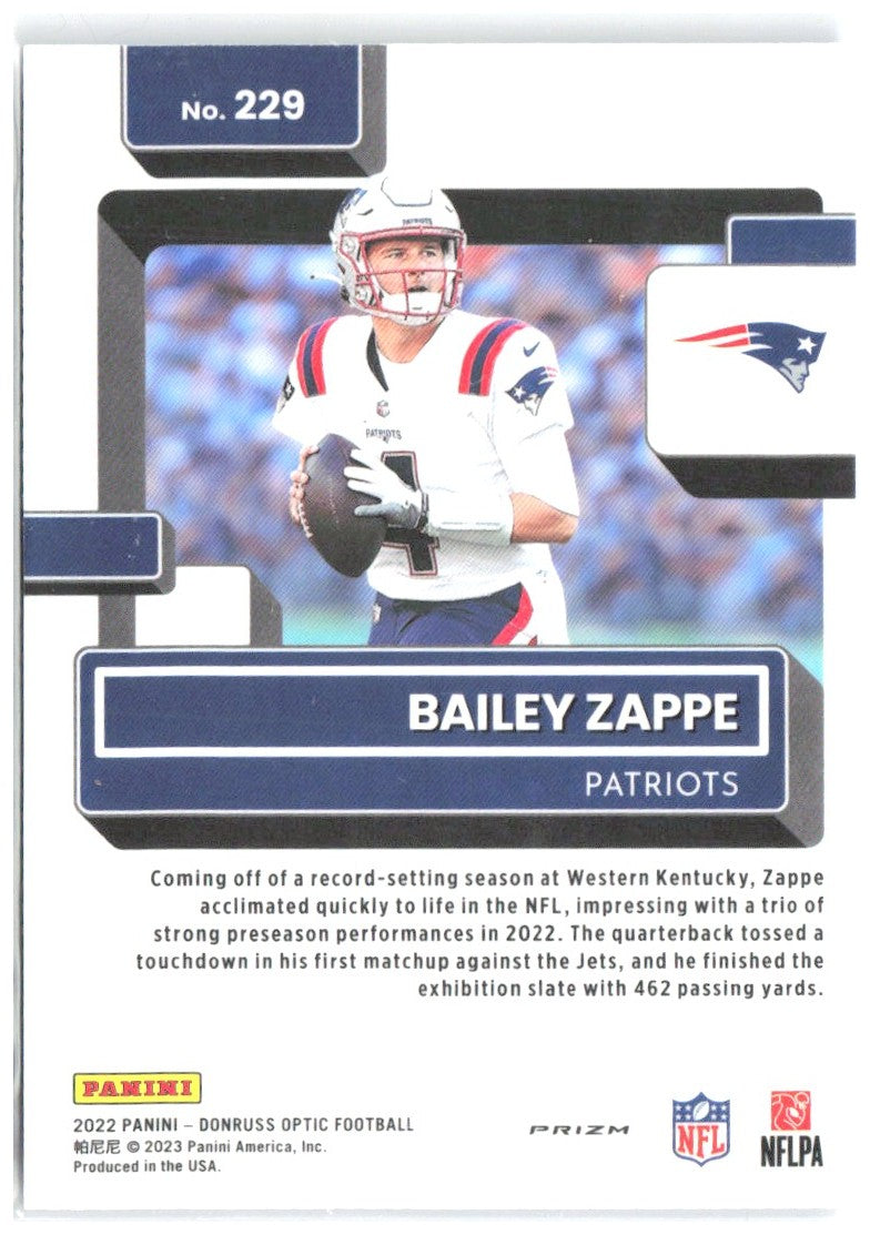 Bailey Zappe Donruss Optic - Purple Shock 229 2022 New England Patriots