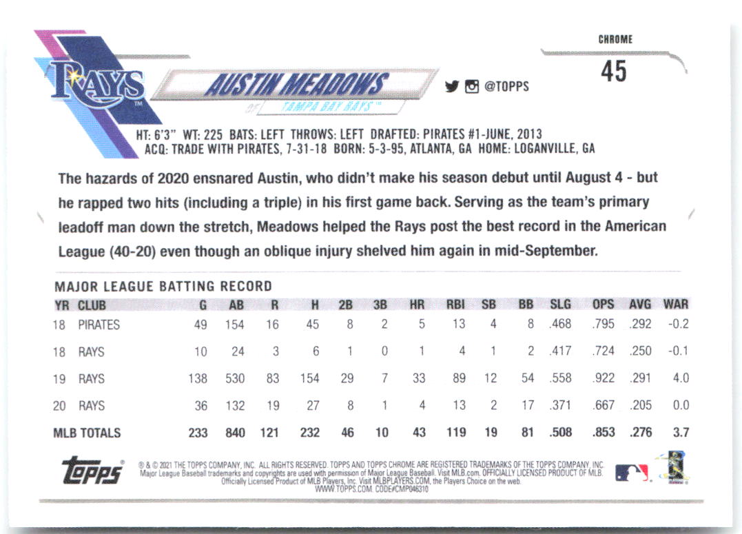 Austin Meadows Topps Chrome 45 2021 Tampa Bay Rays