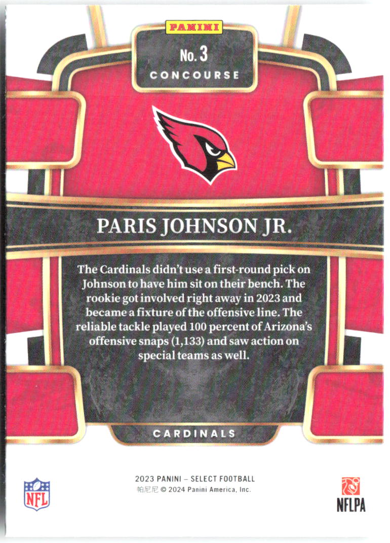 Paris Johnson Jr. Panini Select 3 2023 Arizona Cardinals RC