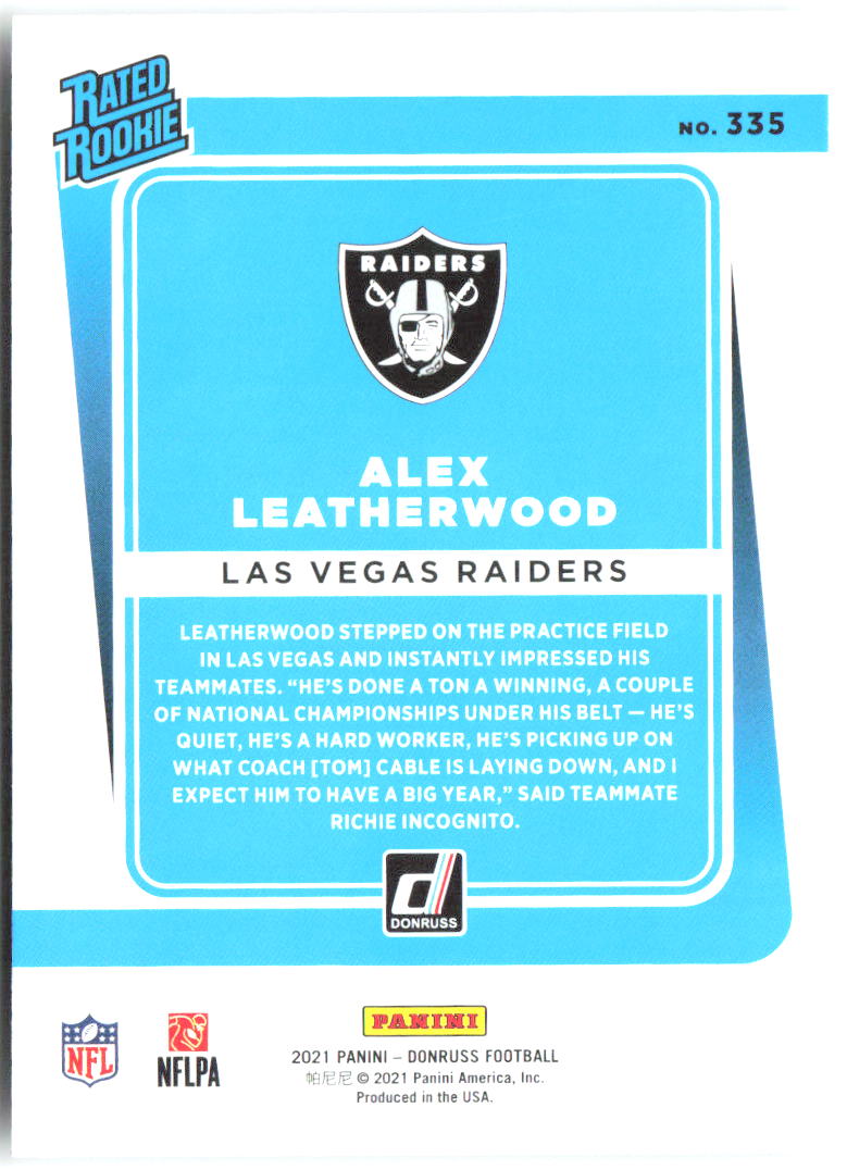 Alex Leatherwood Donruss 335 2021 Las Vegas Raiders RC