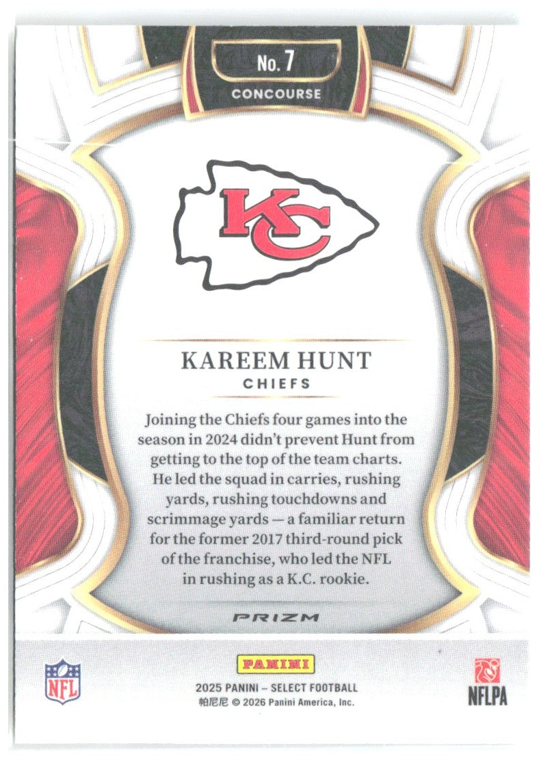 Kareem Hunt Panini Select Green and Yellow Prizm Shock 7 2025 Kansas City Chiefs