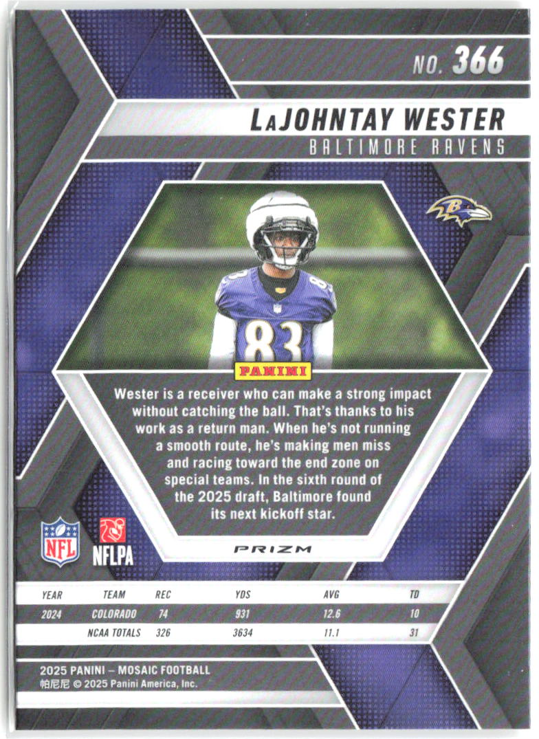 LaJohntay Wester Panini Mosaic Mosaic Reactive Yellow 366 2025 Baltimore Ravens