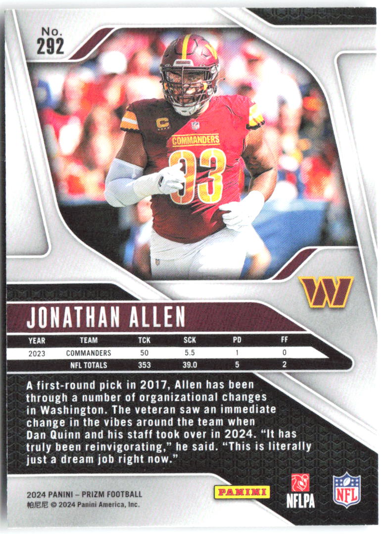 Jonathan Allen Panini Prizm 292 2024 Washington Commanders