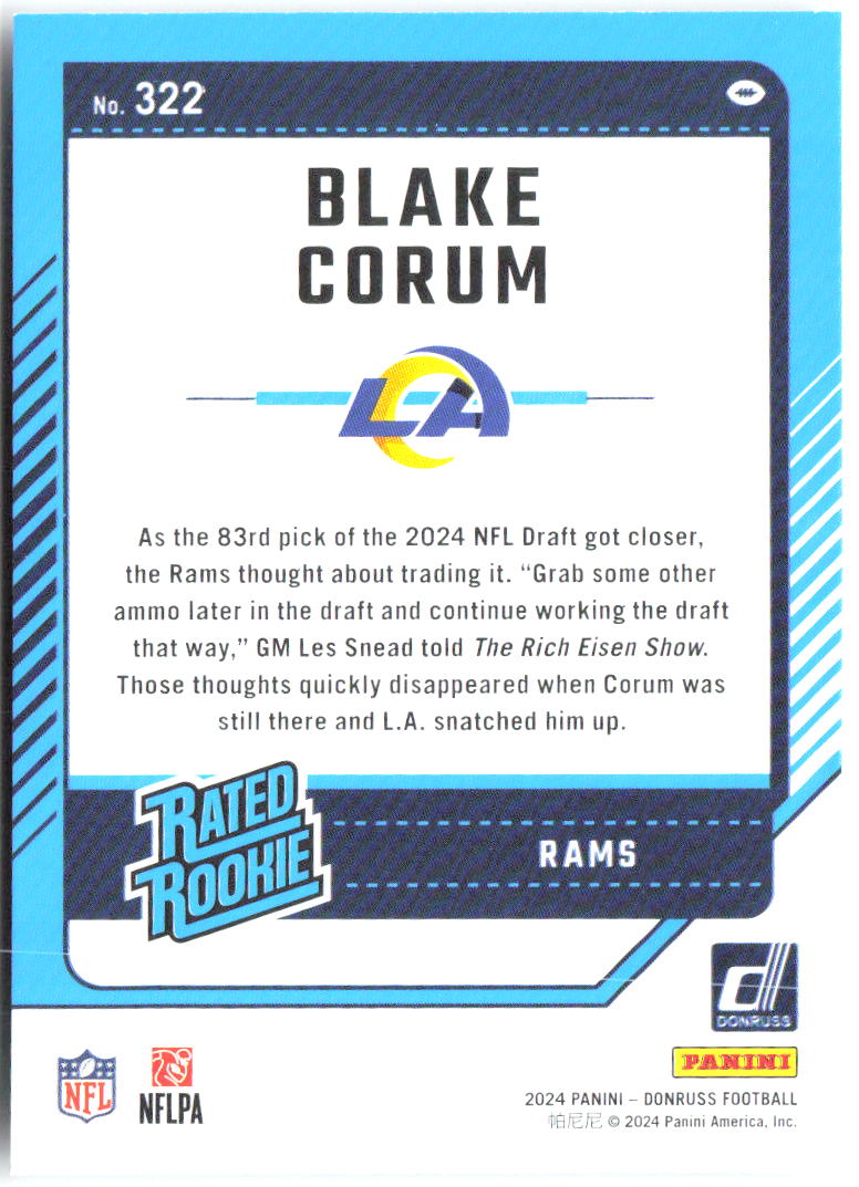 Blake Corum Donruss 322 2024 Los Angeles Rams RC