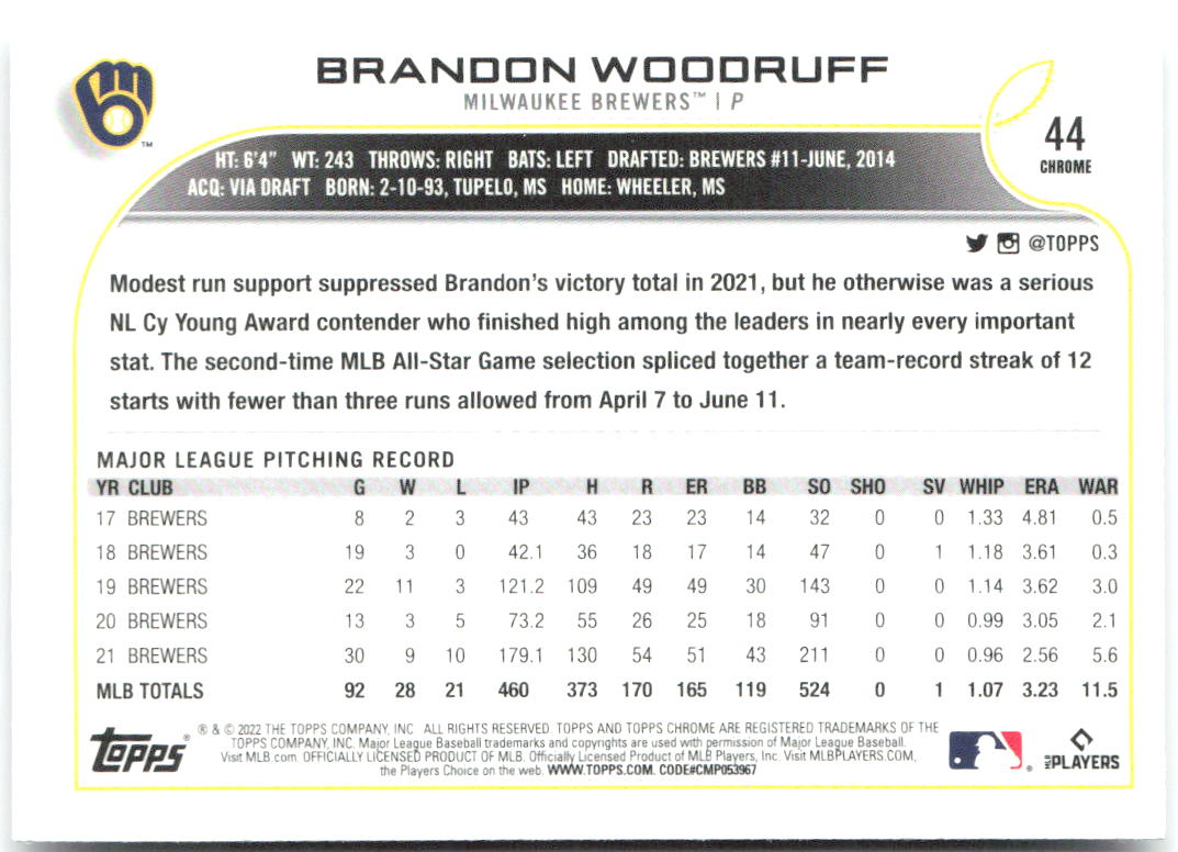 Brandon Woodruff Topps Chrome 44 2022 Milwaukee Brewers