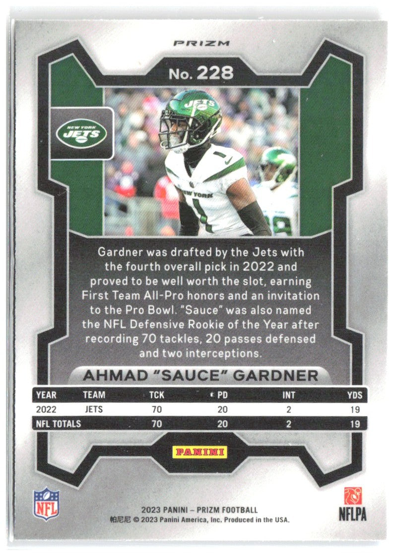 Ahmad "Sauce" Gardner Panini Prizm - Red White and Blue 228 2023 New York Jets