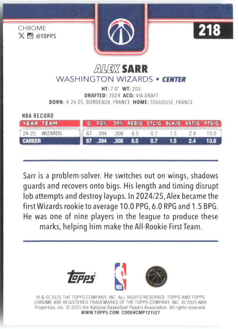 Alex Sarr Topps Chrome 218 2025-26 Washington Wizards