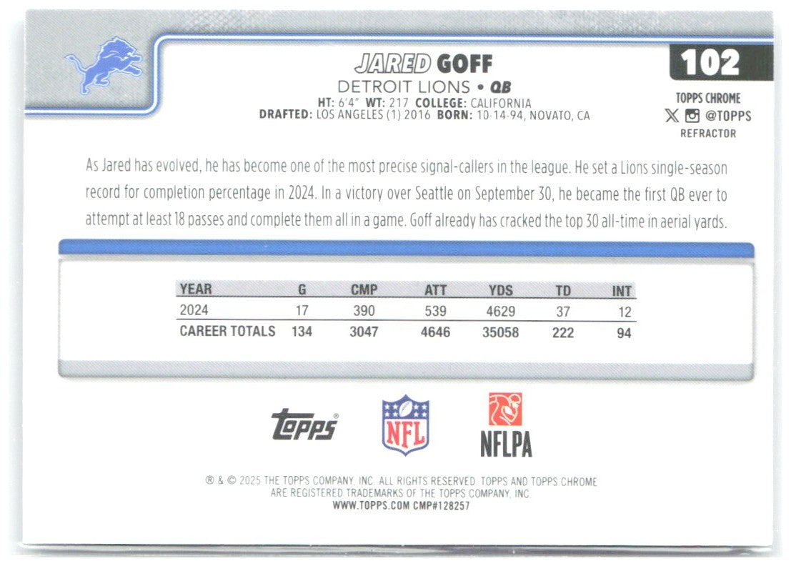 Jared Goff Topps Chrome - Refractor 102 2025 Detroit Lions
