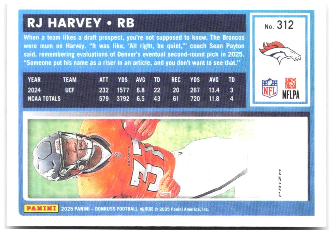 RJ Harvey Donruss - Optic Rated Rookies Preview Pink 312 2025 Denver Broncos
