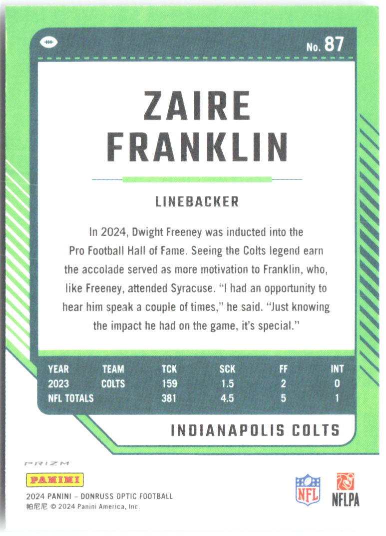 Zaire Franklin Donruss Optic - Holo 87 2024 Indianapolis Colts