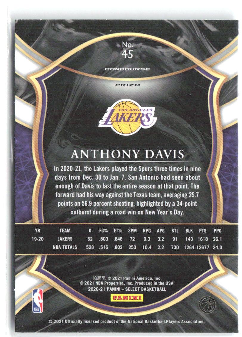 Anthony Davis Panini Select - Blue Prizms 45 2020-21 Los Angeles Lakers