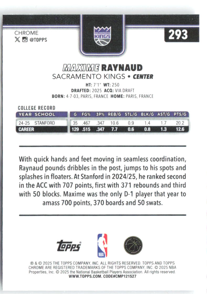 Maxime Raynaud Topps Chrome 293 2025-26 Sacramento Kings RC