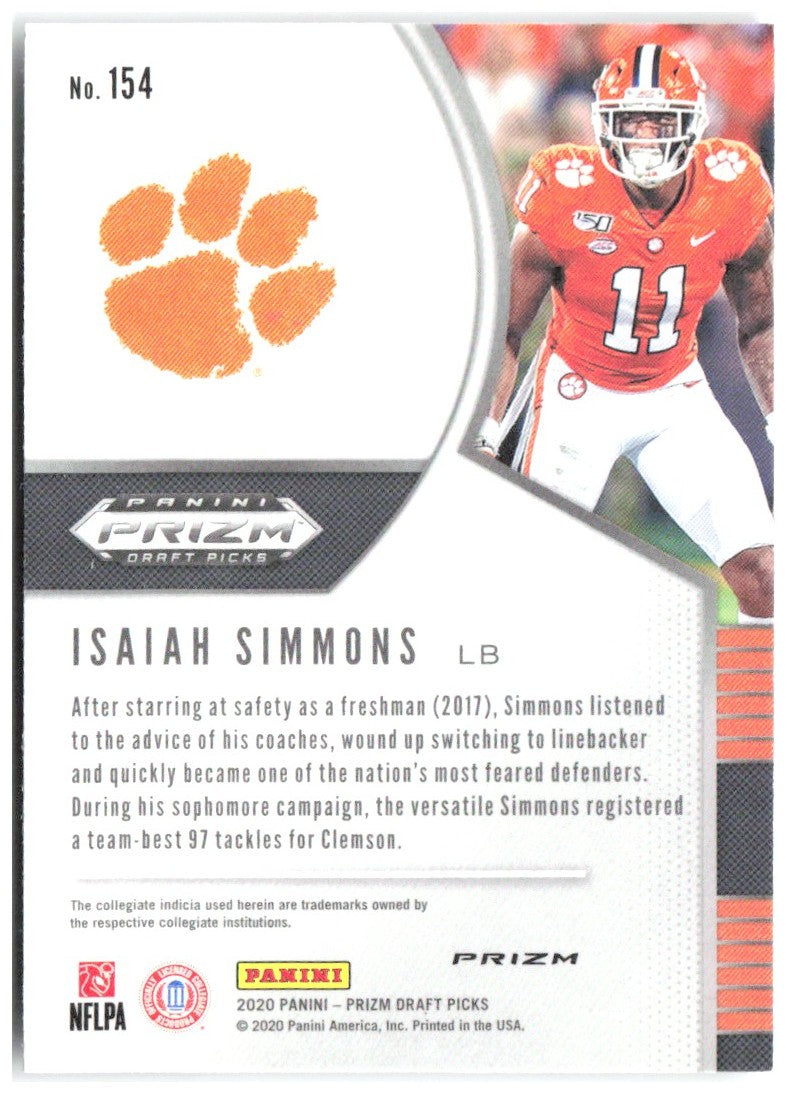 Isaiah Simmons Panini Prizm Draft Picks - Prizms Silver 154 2020 Clemson Tigers