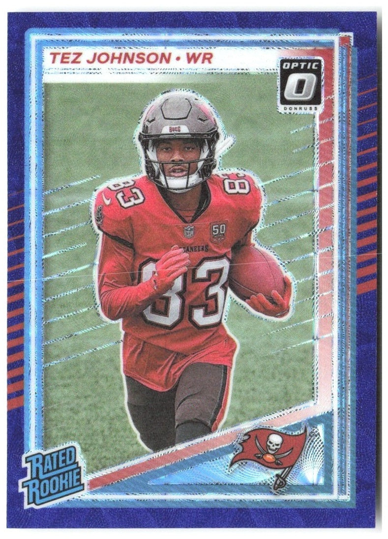 Tez Johnson Donruss Optic Rated Rookies Blue Scope 313 2025 Tampa Bay Buccaneers