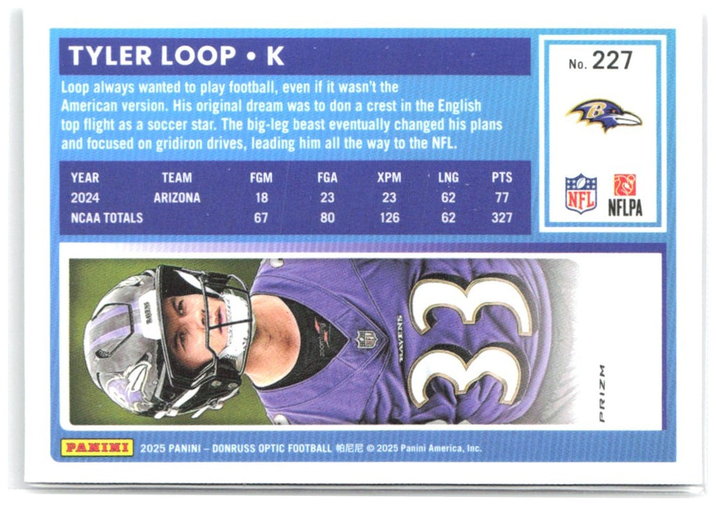 Tyler Loop Donruss Optic - Purple Shock 227 2025 Baltimore Ravens