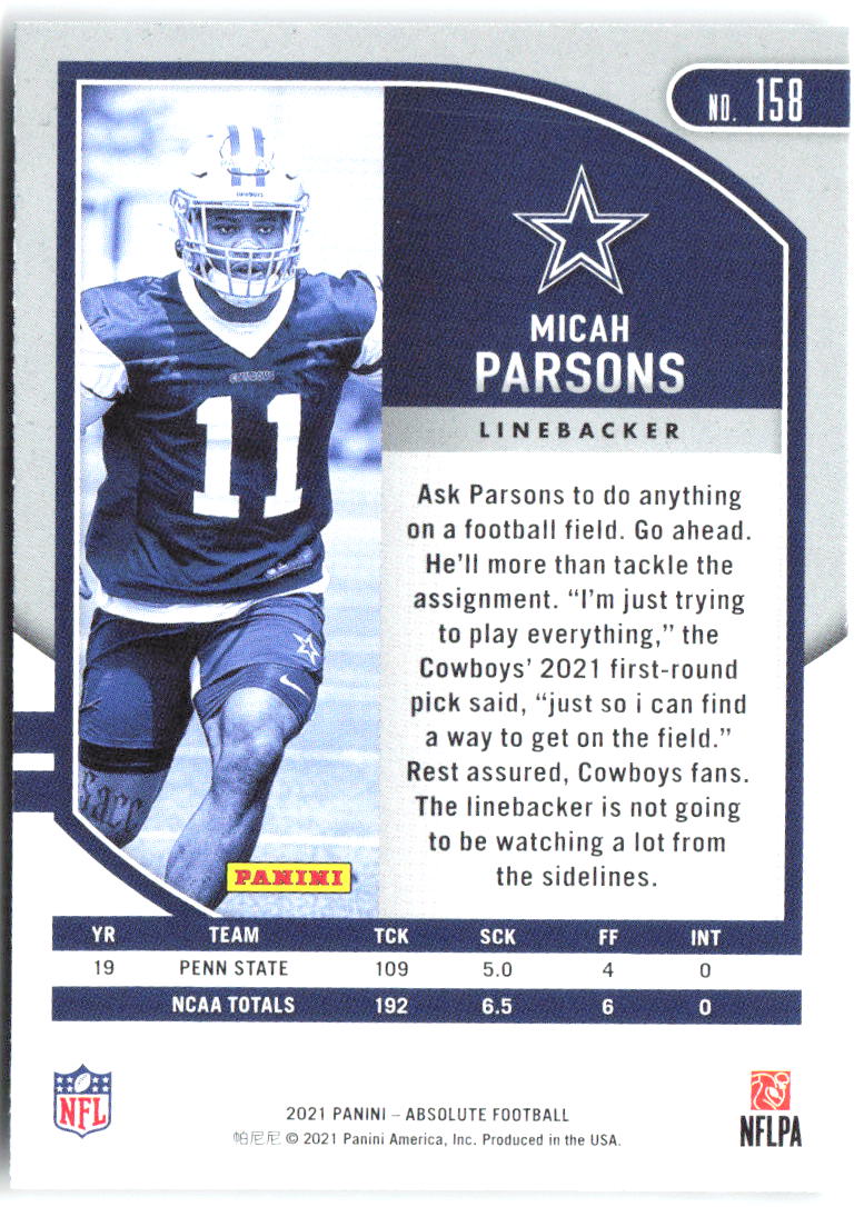 Micah Parsons Panini Absolute - Retail 158 2021 Dallas Cowboys RC