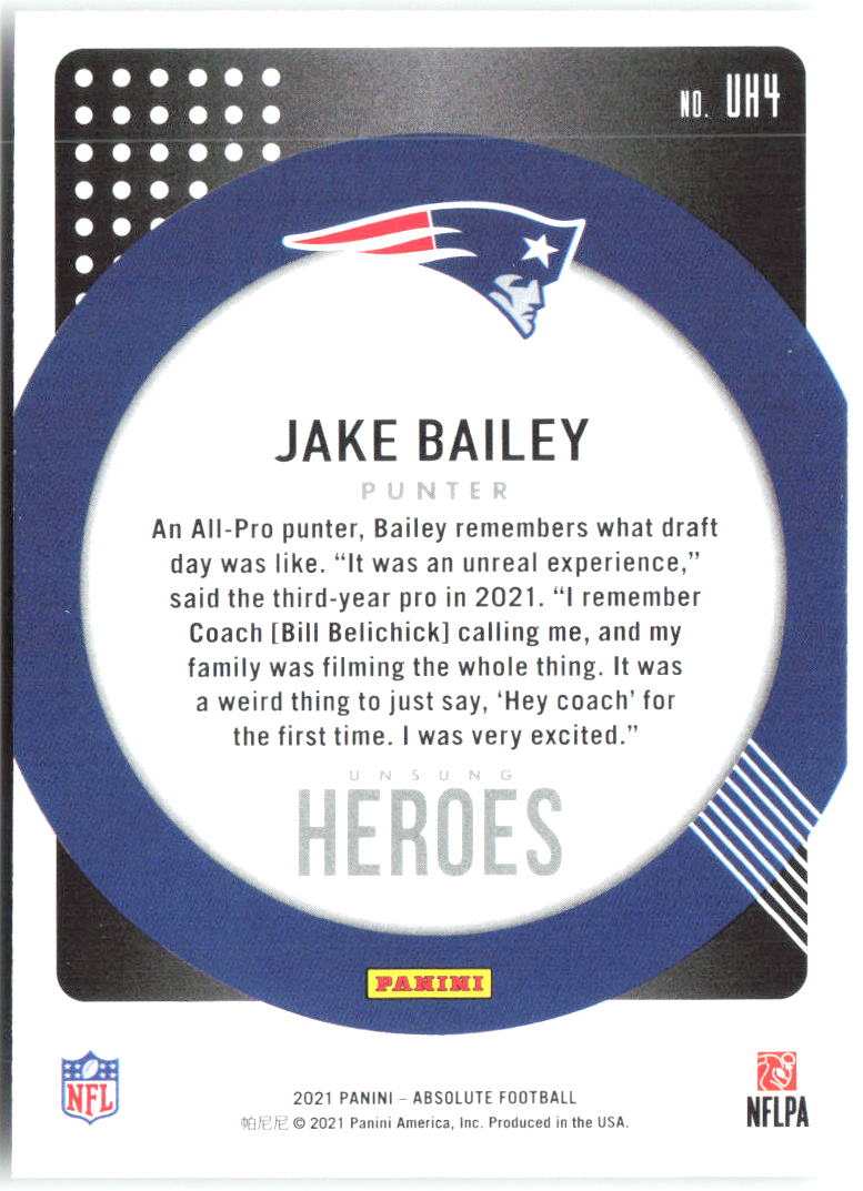 Jake Bailey Panini Absolute - Unsung Heroes UH4 2021 New England Patriots