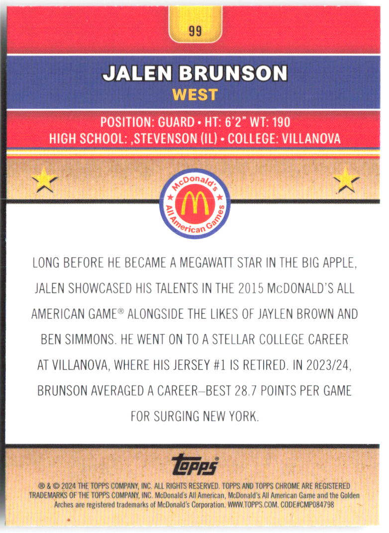 Jalen Brunson Topps Chrome McDonald's All-American 99 2024