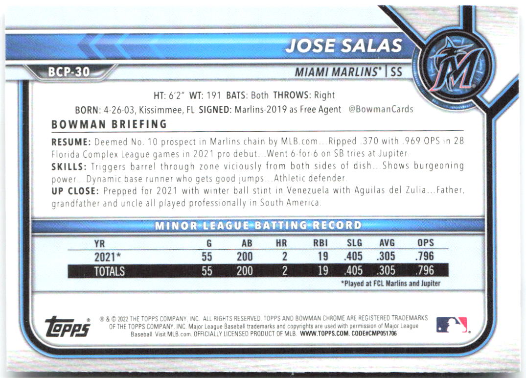 Jose Salas Bowman - Chrome Prospects BCP-30 2022 Miami Marlins