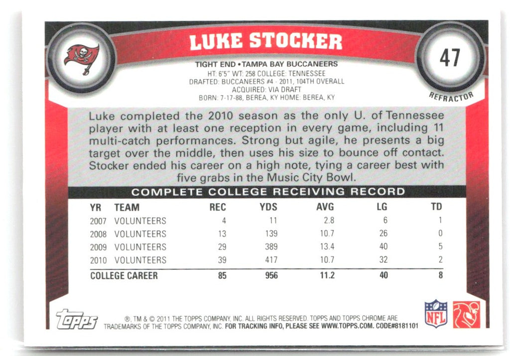 Luke Stocker Topps Chrome - Orange Refractors 47 2011 Tampa Bay Buccaneers