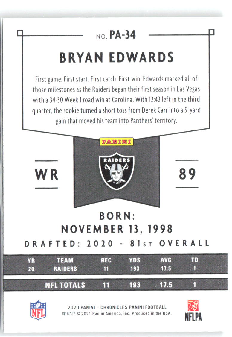 Bryan Edwards Panini Chronicles - Panini PA-34 2020 Las Vegas Raiders