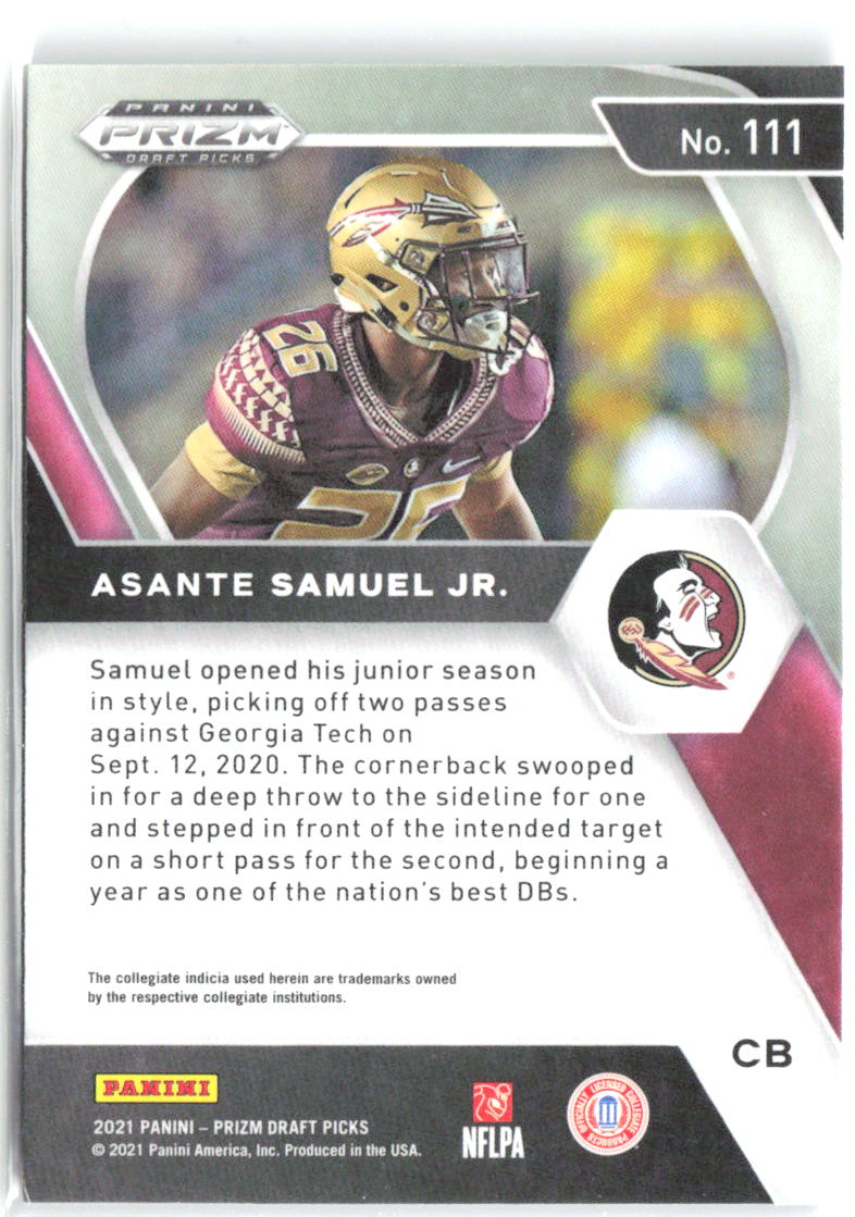 Asante Samuel Jr. Panini Prizm Draft Picks 111 2021 Florida State Seminoles