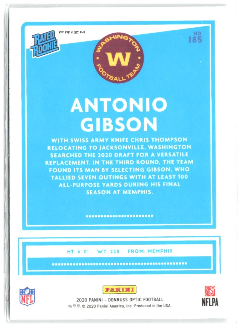 Antonio Gibson Donruss Optic - Green Velocity 185 2020 Washington Football Team