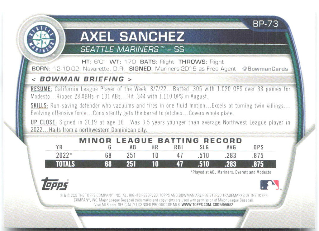 Axel Sanchez Bowman - Prospects BP-73 2023 Seattle Mariners