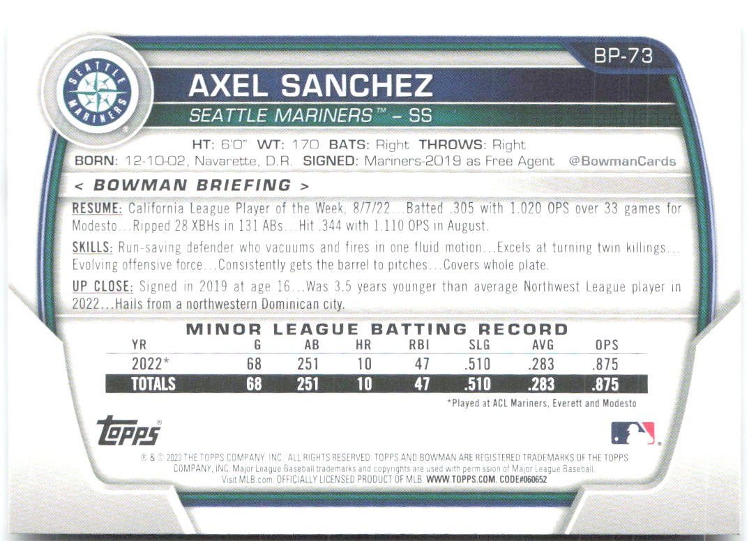 Axel Sanchez Bowman - Prospects BP-73 2023 Seattle Mariners