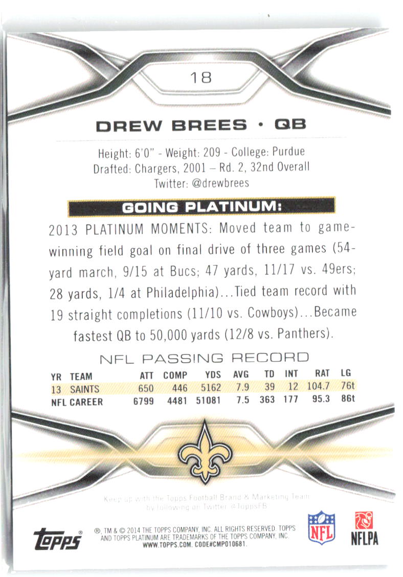 Drew Brees Topps Platinum 18 2014 New Orleans Saints
